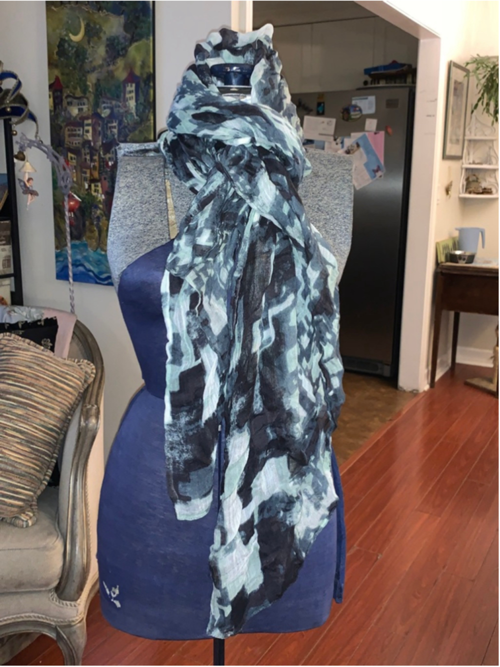 Women's Sandwich Blue Black Abstract Viscose Scarf One Size